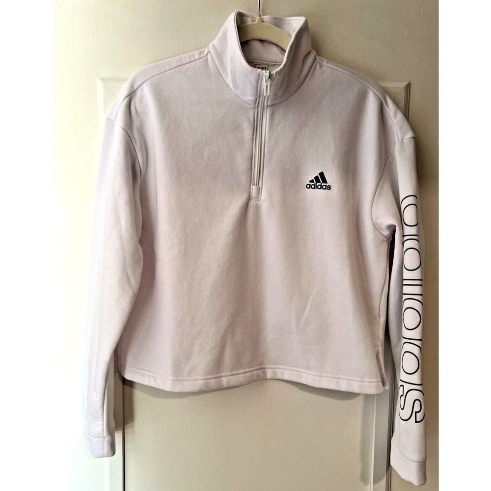 Adidas Women Small White Fleece 1/4 Zip Mock Neck Pullover Sweatshirt Logo